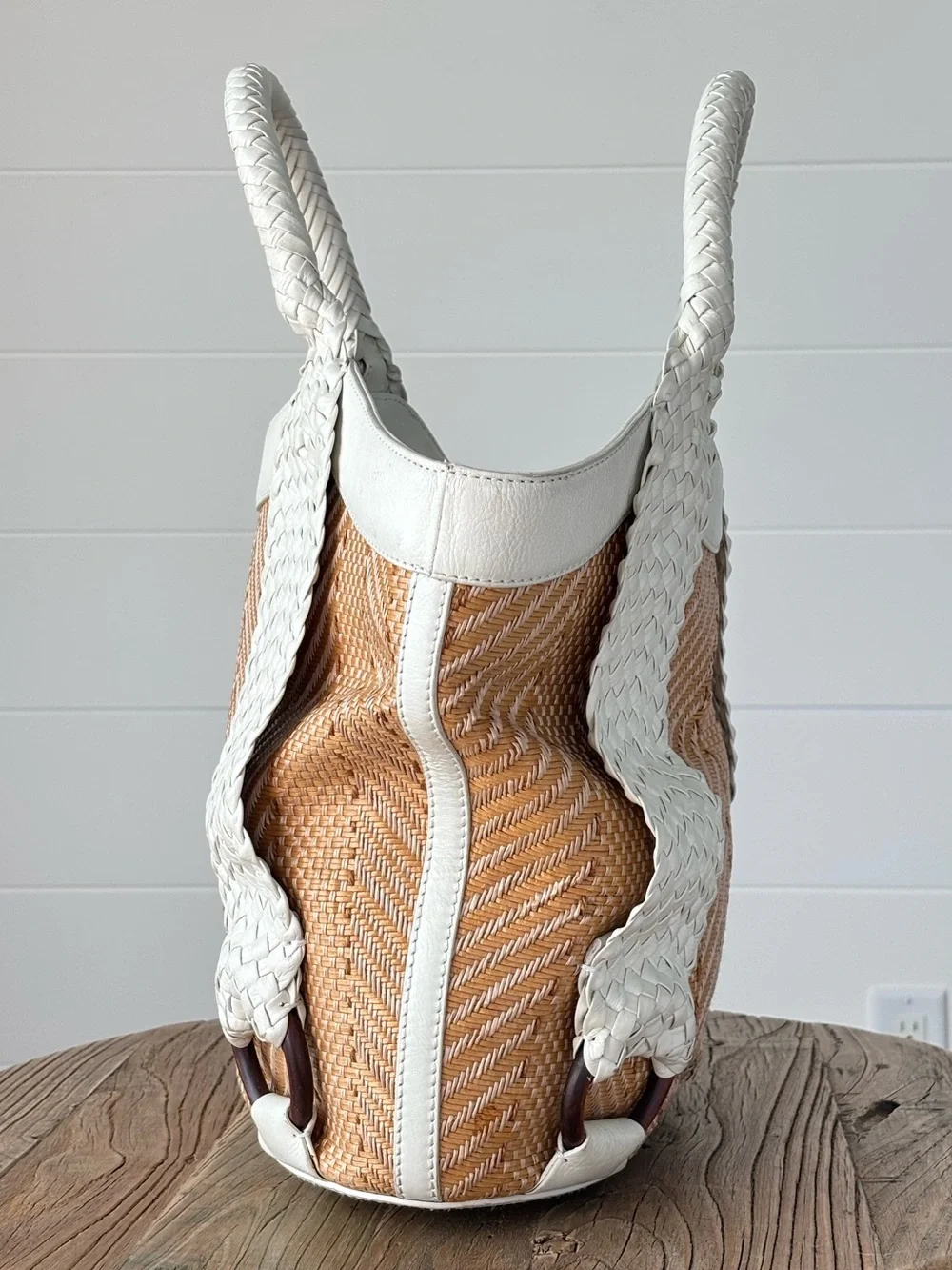 Cole Haan Tarran Tote Bag White Leather and Woven Straw